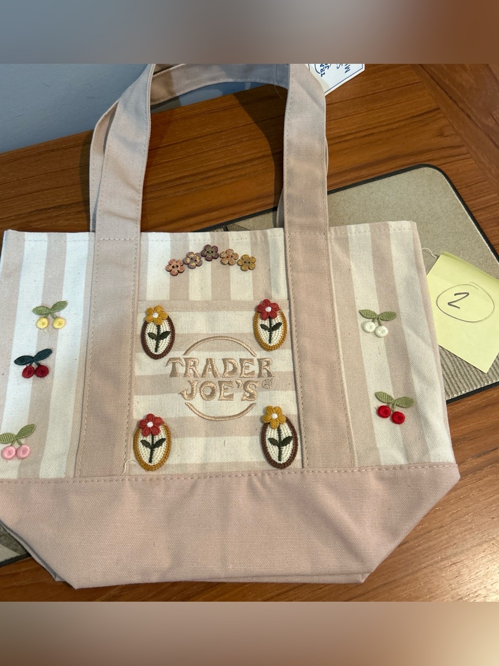 Upcycled Trader Joe's Tan Striped Embroidered Canvas Tote Bag